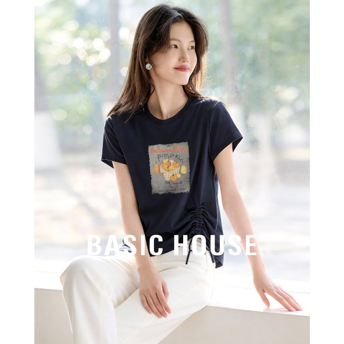 Basic House/百家好藏青南瓜印花抽绳T恤女夏季短款显瘦短袖上衣