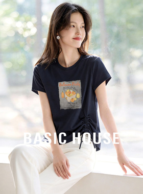 Basic House/百家好藏青南瓜印花抽绳T恤女夏季短款显瘦短袖上衣