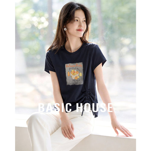 百家好藏青南瓜印花显瘦T恤女