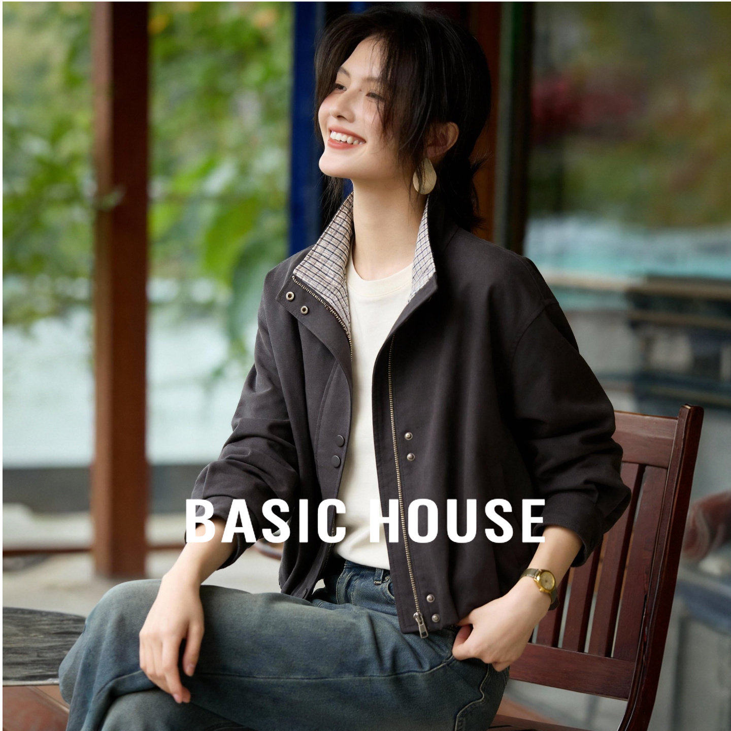 百家好韩系深灰立领短外套26春季新款格纹拼接宽松显瘦休闲夹克女