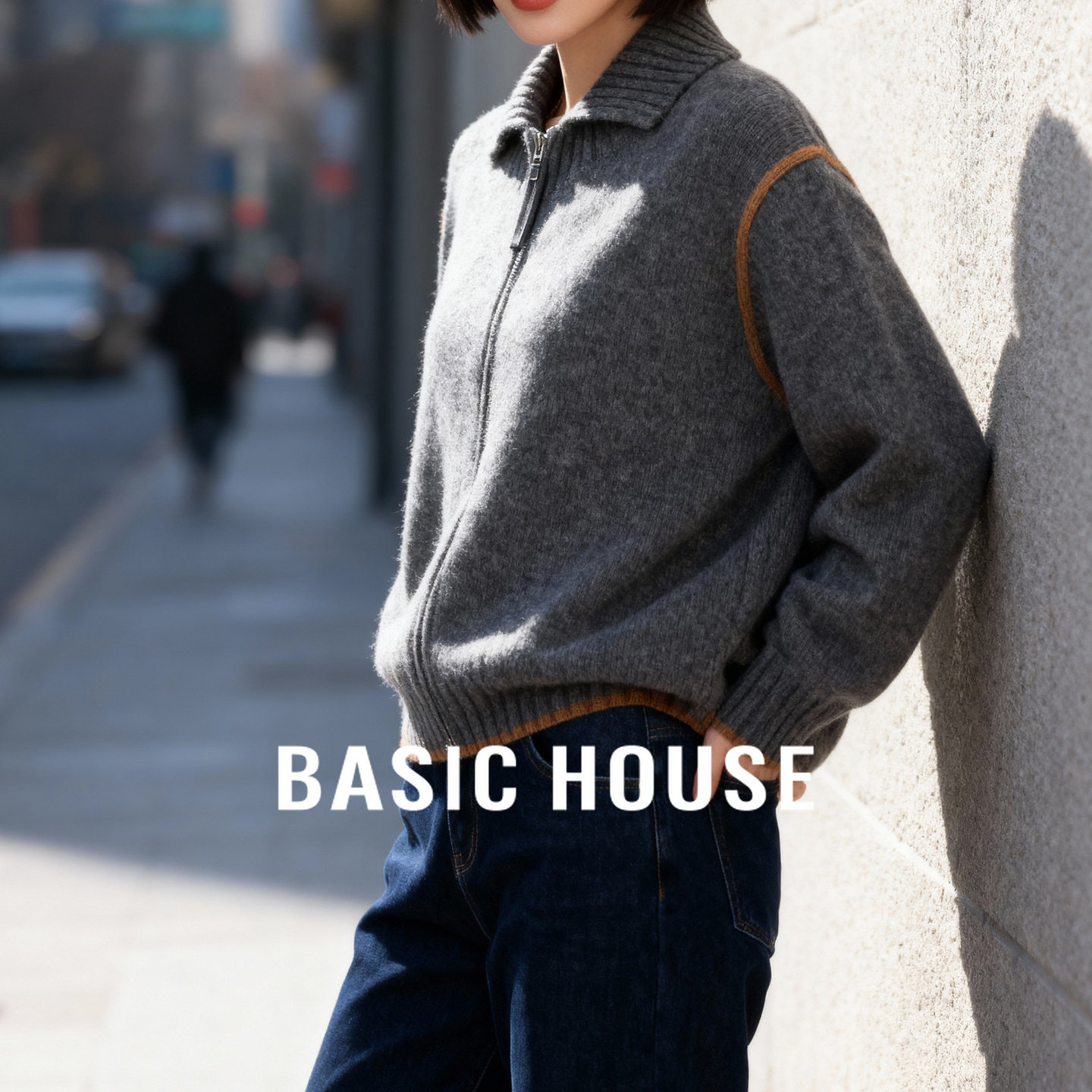 Basic House/百家好撞色线条翻领拉链毛衣女冬季宽松显瘦针织外套