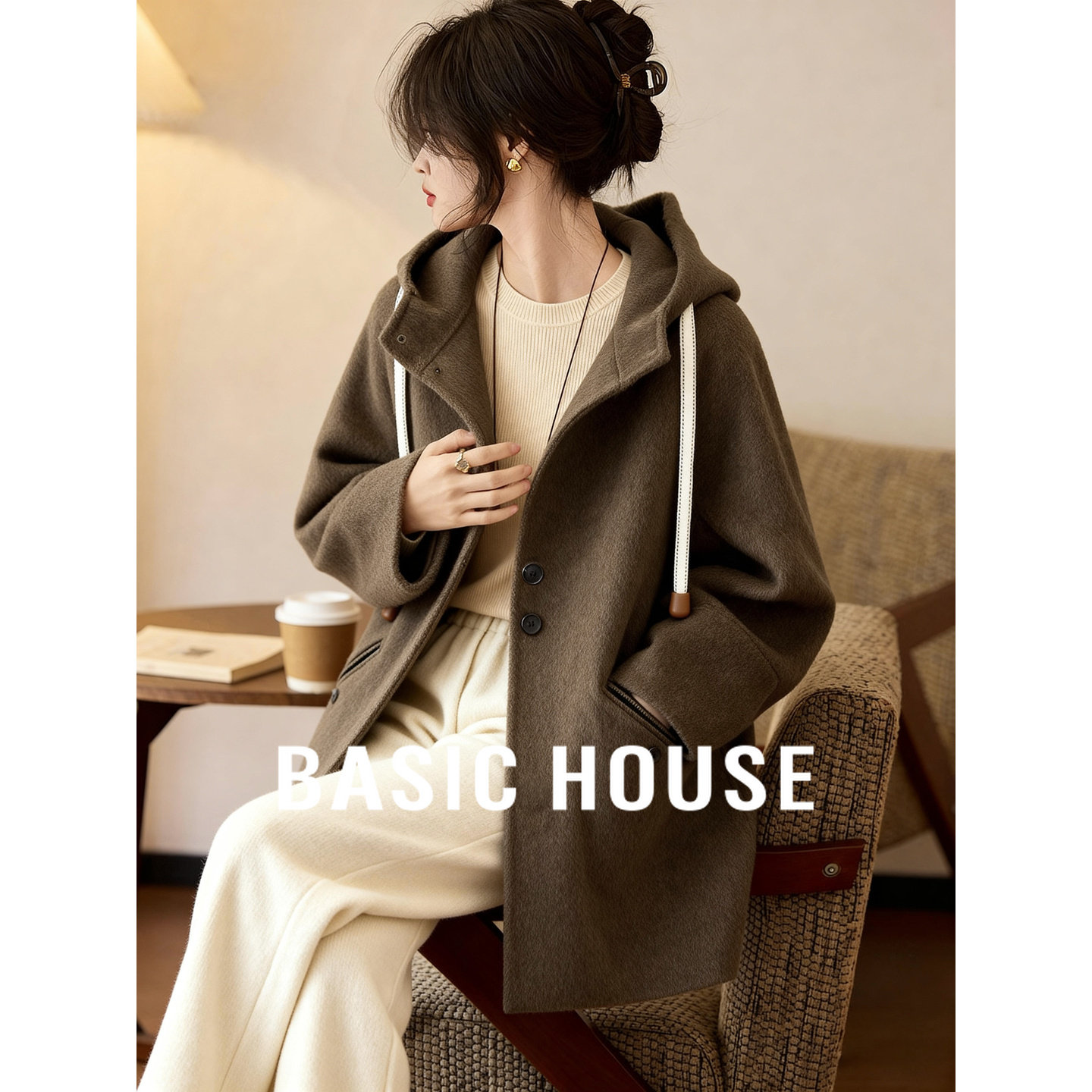 百家好连帽双面毛呢大衣女冬季新款咖啡色韩版中长款冬装外套外套