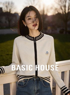 Basic House/百家好撞色学院风毛衣开衫女春卡通刺绣拉链宽松外套