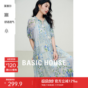 新款 Basic House 百家好萊賽爾花朵連衣裙女夏季 裙子 系帶領(lǐng)中長(zhǎng)款
