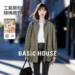 Basic House/百家好美式复古短款风衣外套工装风宽松立领夹克上衣