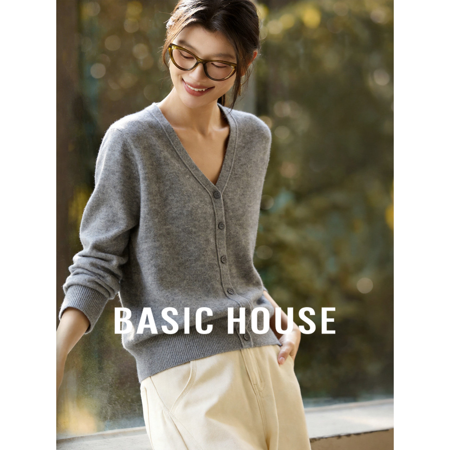 Basic House/百家好绵羊毛V领针织开衫女26春款慵懒毛衣外套上衣