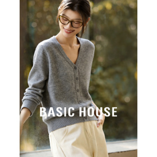Basic House/百家好绵羊毛V领针织开衫女26春款慵懒毛衣外套上衣