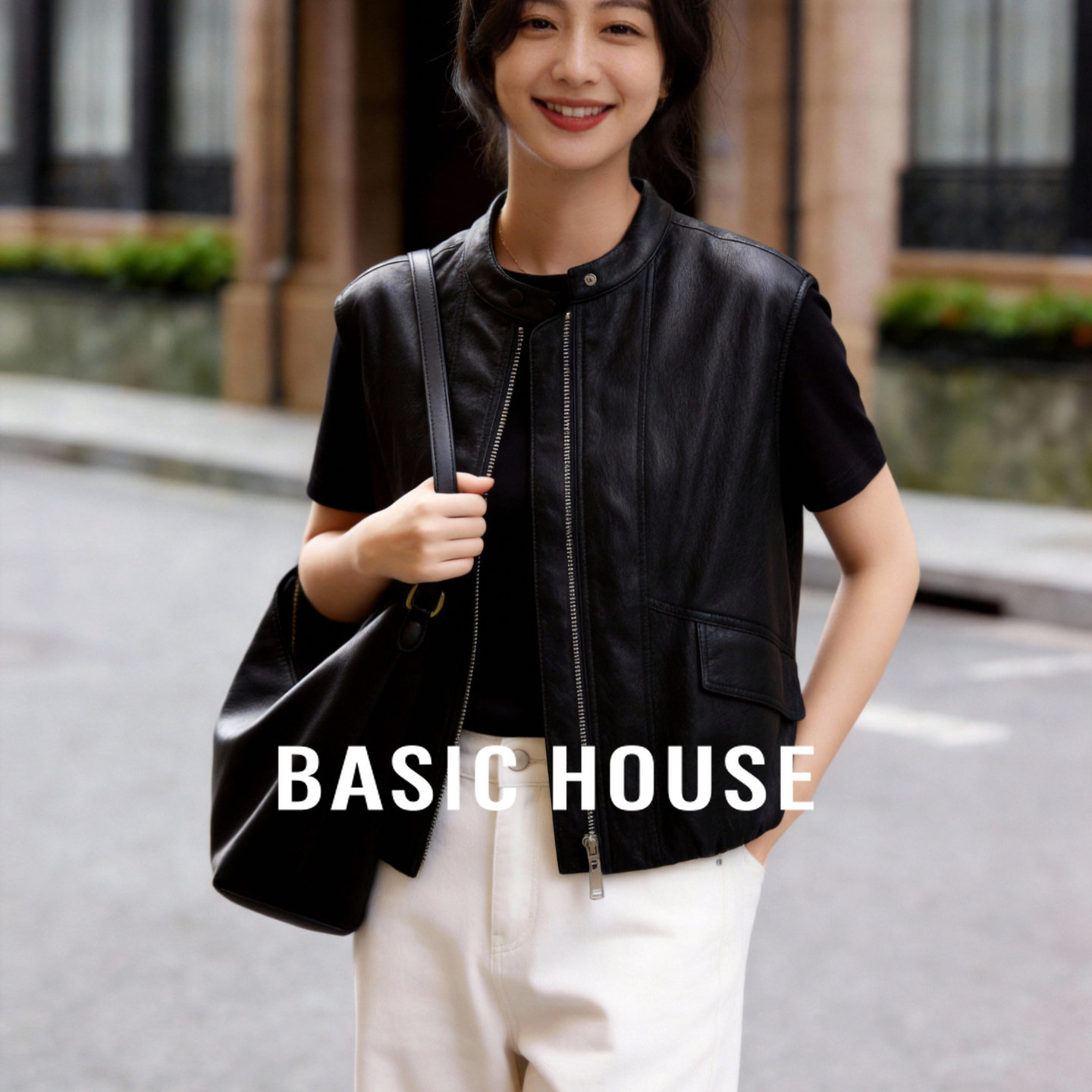 Basic House/百家好复古黑色皮衣马夹春新款宽松叠穿外搭开衫外套