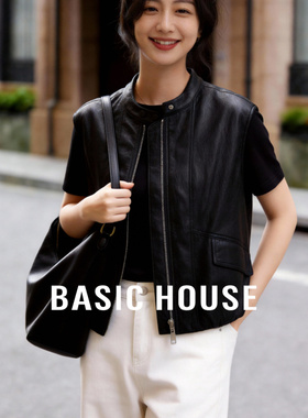 Basic House/百家好复古黑色皮衣马夹春新款宽松叠穿外搭开衫外套