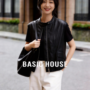 宽松叠穿外搭开衫 百家好复古黑色皮衣马夹春新款 外套 House Basic