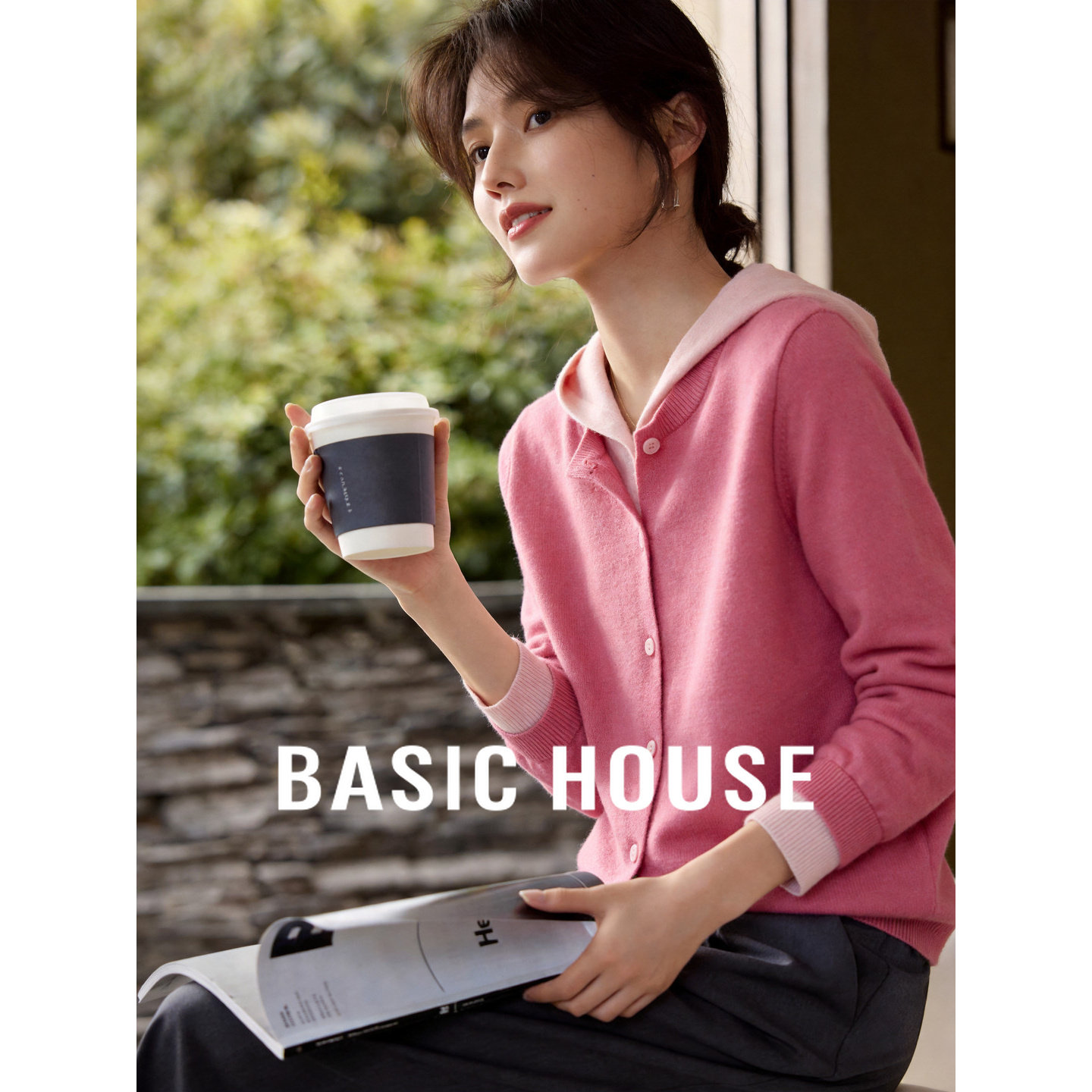 Basic House/百家好早春新款羊毛针织开衫女连帽假两件内搭毛衣