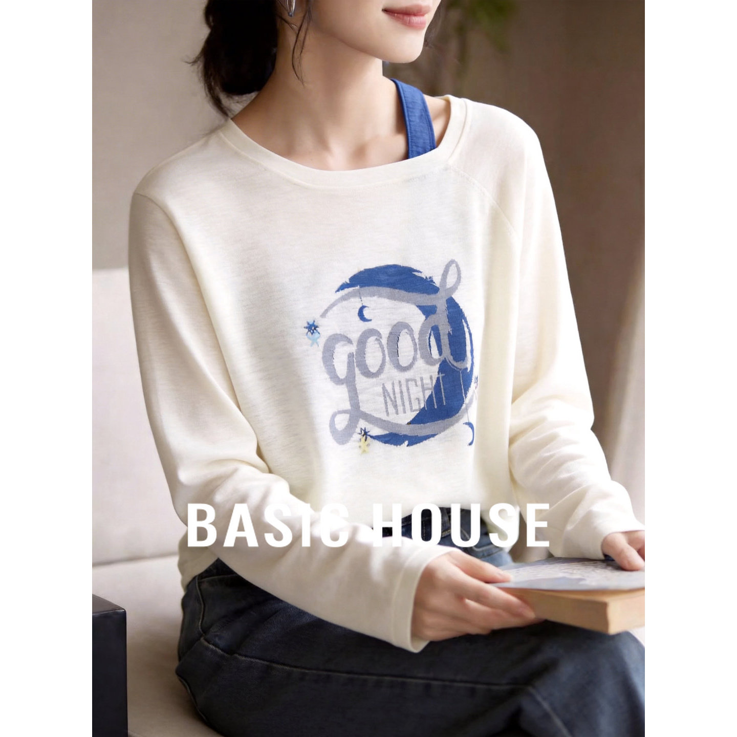 Basic House/百家好假两件印花吊带针织衫春季新款撞色套头上衣女