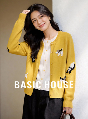 Basic House/百家好小狗提花针织开衫女春假两件减龄宽松毛衣外套