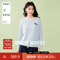 Basic House/百家好航海系條紋露肩撞色針織衫女夏季刺繡圓領(lǐng)上衣