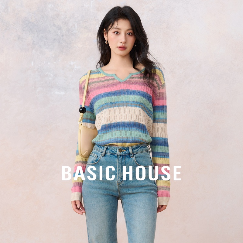 Basic House/百家好2025秋季绵羊毛彩色条纹针织衫设计感长袖上衣