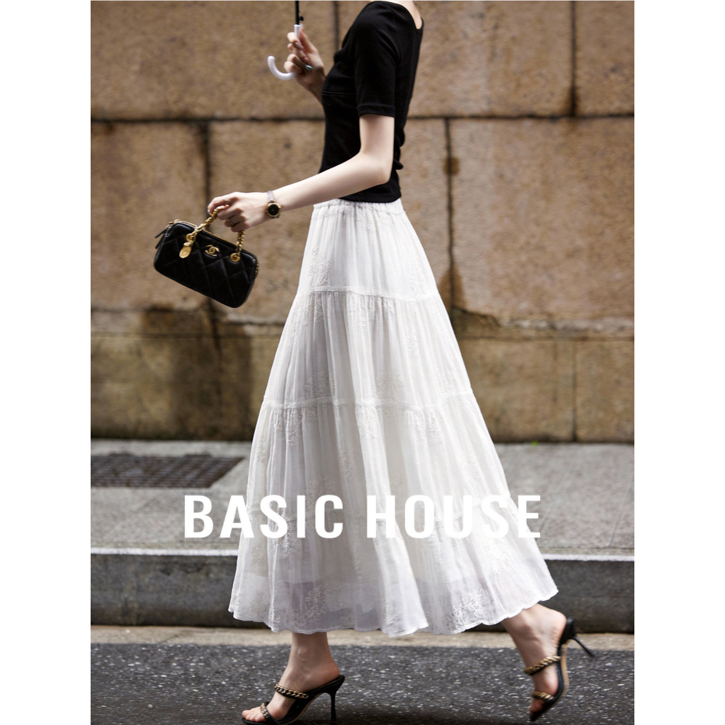 Basic House/百家好白色网纱半身裙女春季新款休闲百搭中长A字裙