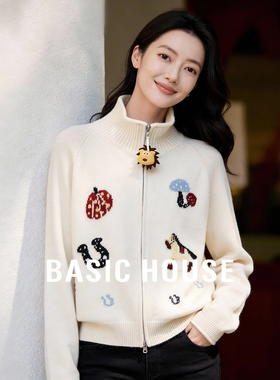 Basic House/百家好米白色卡通立领拉链毛衣女2026春减龄针织开衫