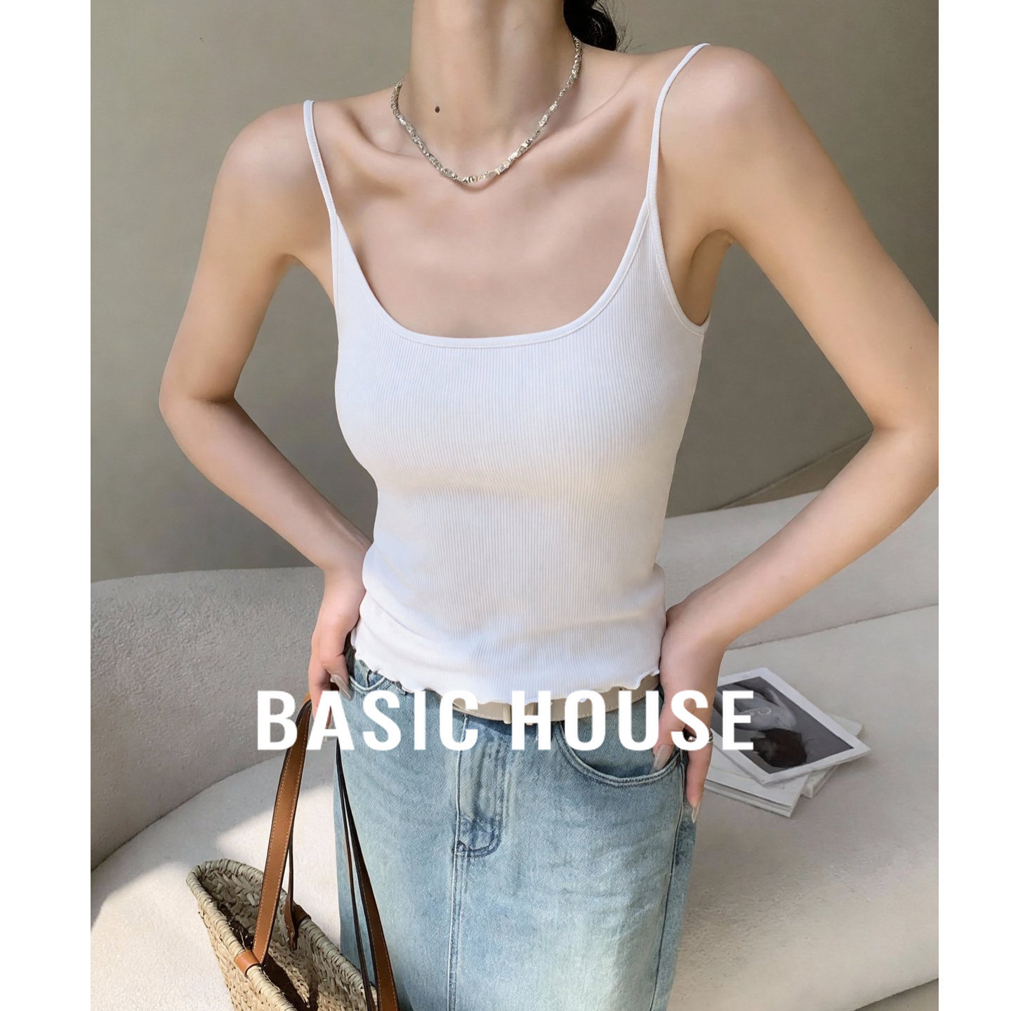 Basic House/百家好2026新款白色针织吊带背心女内搭外穿打底上衣