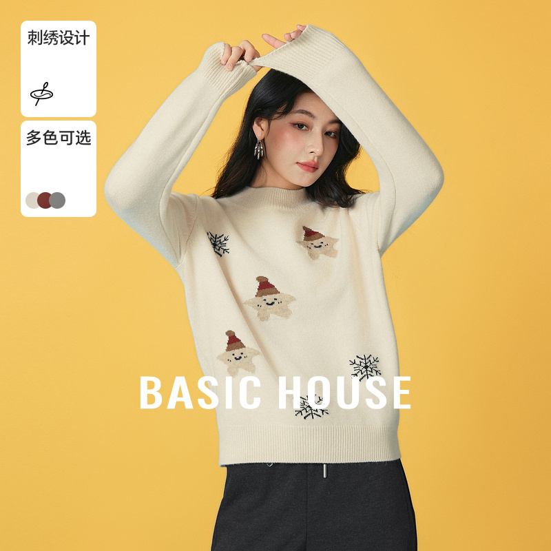 Basic House/百家好半高领雪花毛衣冬季新款宽松套头加厚内搭上衣