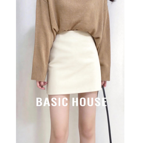 Basic House/百家好米白色短裙女新款春季高腰显瘦A字包臀半身裙