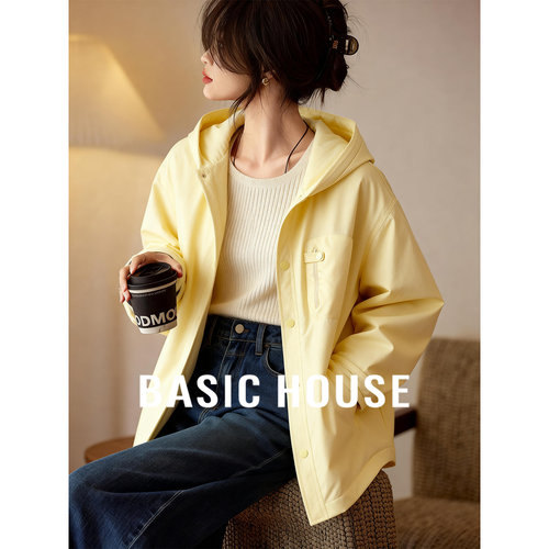 Basic House/百家好奶黄连帽羽绒服女冬季温柔浅色系保暖百搭外套