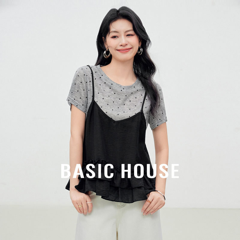 Basic House/百家好波点百搭假两件拼接吊带设计夏季新款短袖T恤