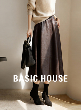 Basic House/百家好秋冬哑光皮质半身裙女复古松紧腰A字中长皮裙