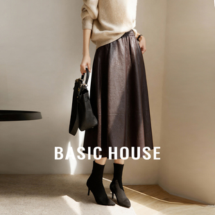 Basic House/百家好秋冬哑光皮质半身裙女复古松紧腰A字中长皮裙