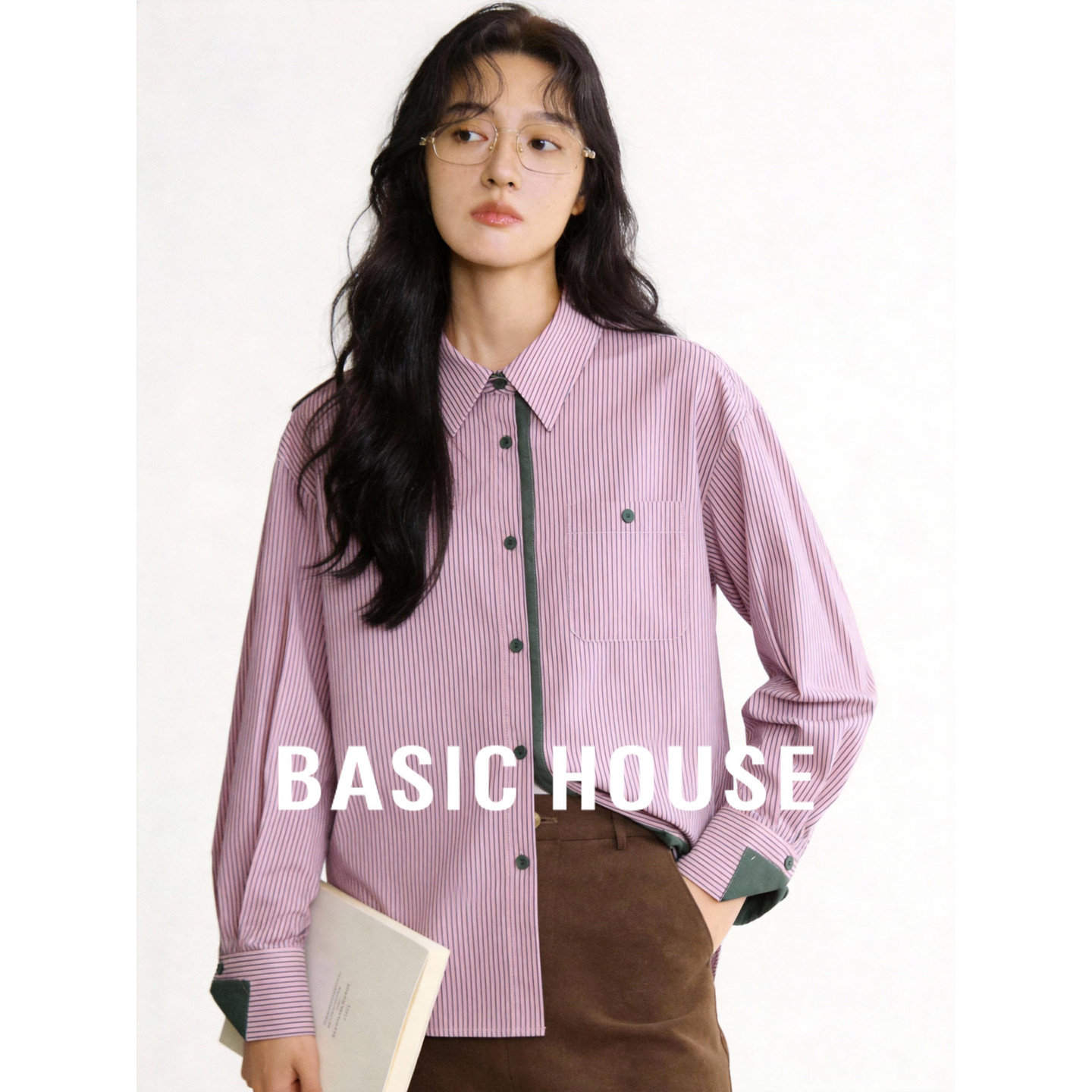 百家好粉绿撞色条纹拼接宽松廓形单口袋上衣学院风显瘦百搭衬衫