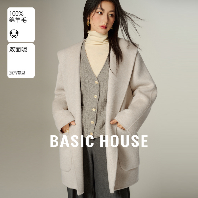 Basic House/百家好高级感绵羊毛双面毛呢外套秋冬新款连帽大衣女