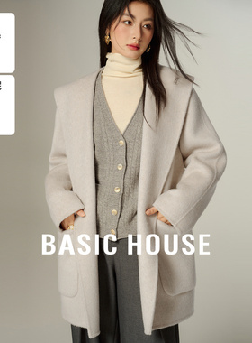 Basic House/百家好绵羊毛双面毛呢外套冬季新款连帽休闲大衣女士