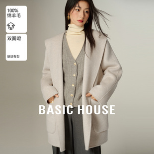 Basic House/百家好绵羊毛双面毛呢外套冬季新款连帽休闲大衣女士