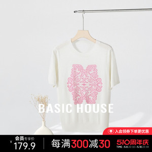 Basic House/百家好绵羊毛圆领针织衫女夏季新款温柔显瘦短袖上衣