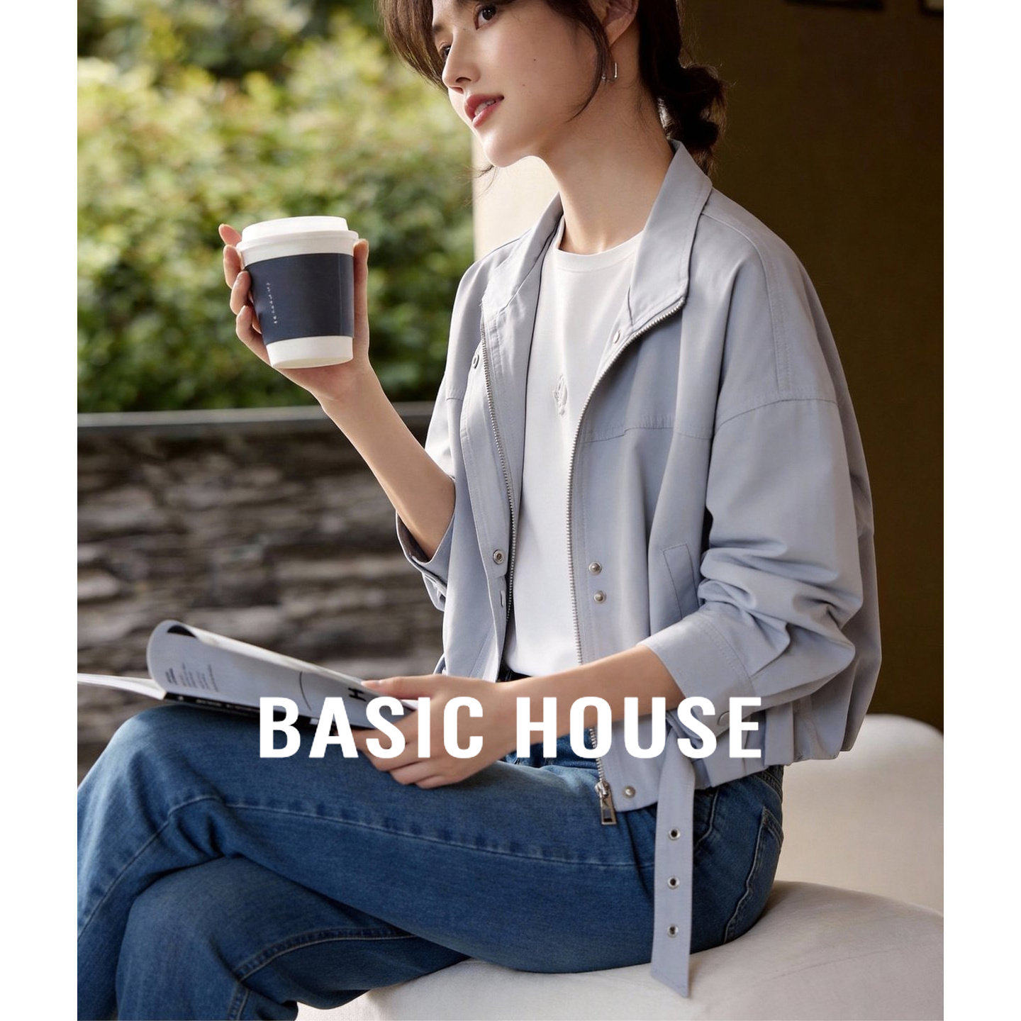 百家好浅蓝立领短款夹克春季新款女士腰带收腰宽松显瘦休闲风外套