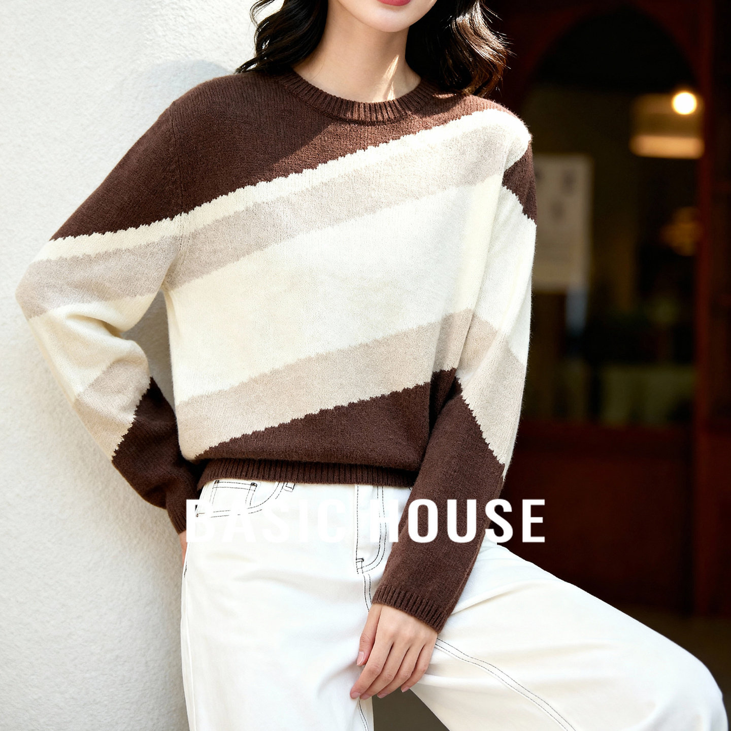 百家好拼色绵羊毛条纹针织女士春秋季新款圆领毛衣宽松慵懒风上衣