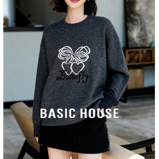 Basic House/百家好红色字母刺绣套头毛衣2025秋冬绵羊毛圆领上衣
