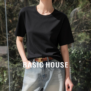 圆领宽松显瘦通勤短袖 Basic 新款 百家好黑色纯棉T恤女夏季 House