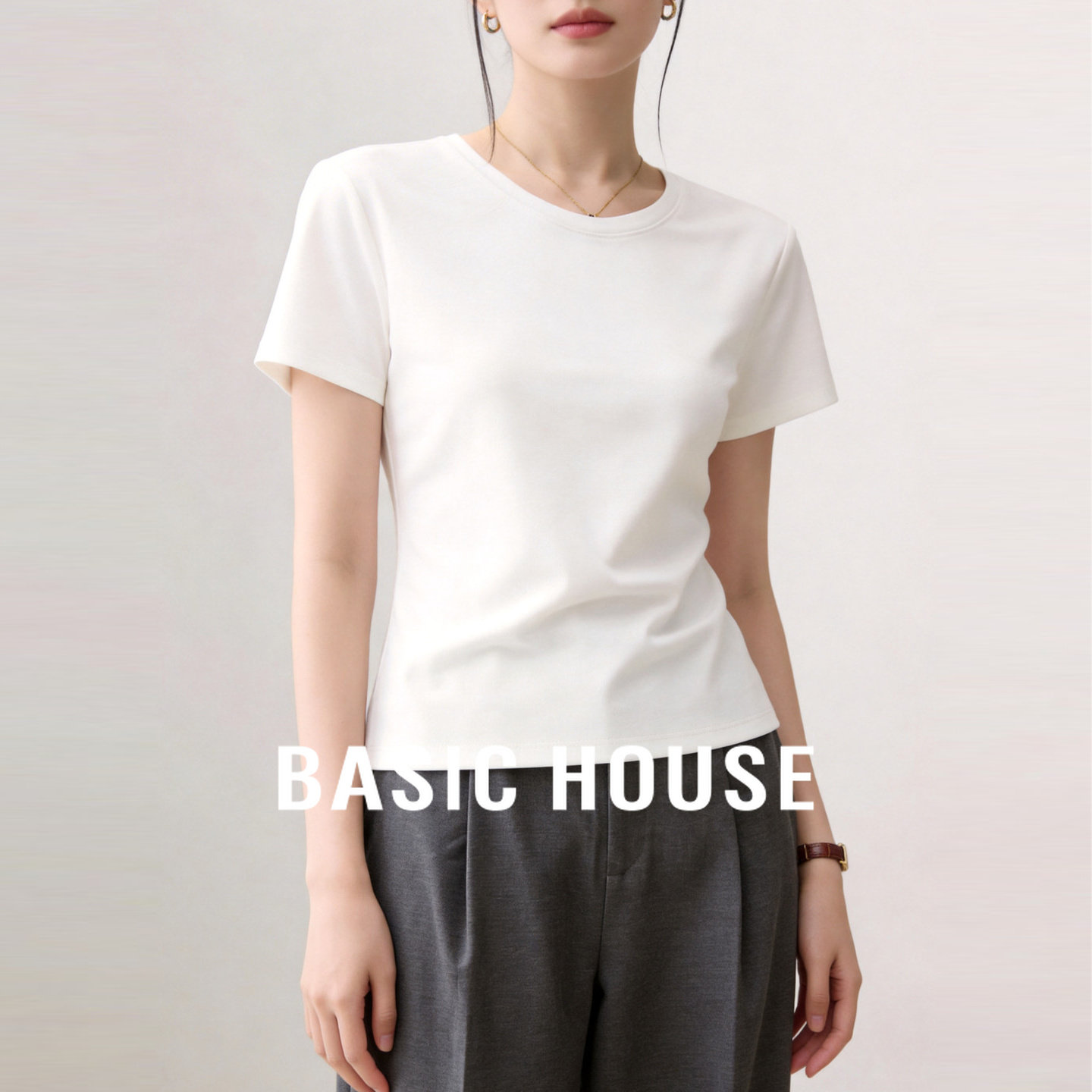 Basic House/百家好白色正肩短袖T恤女26夏季新款纯色基础款上衣