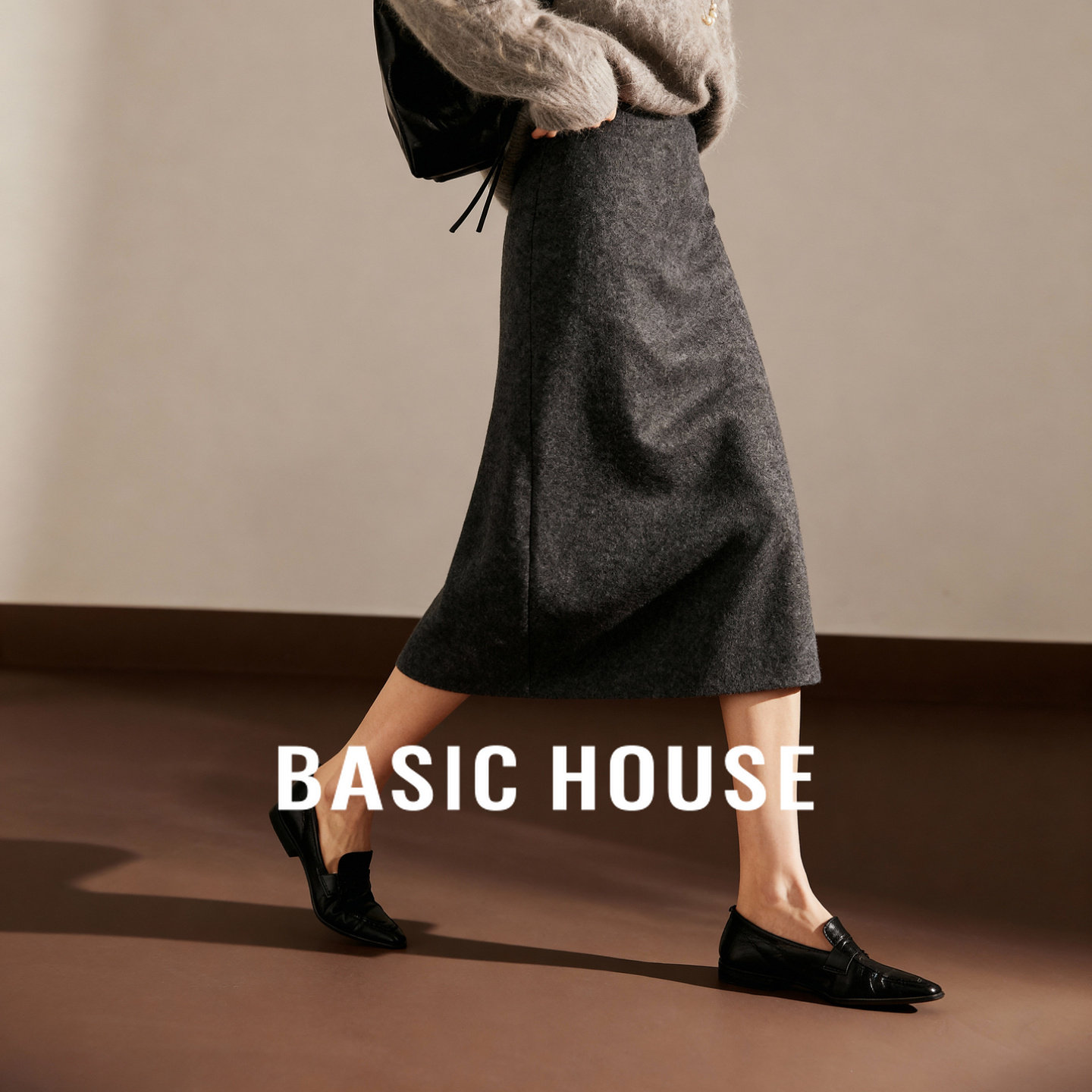 Basic House/百家好高腰灰色半身裙女秋冬新款加厚A字裙中长裙子