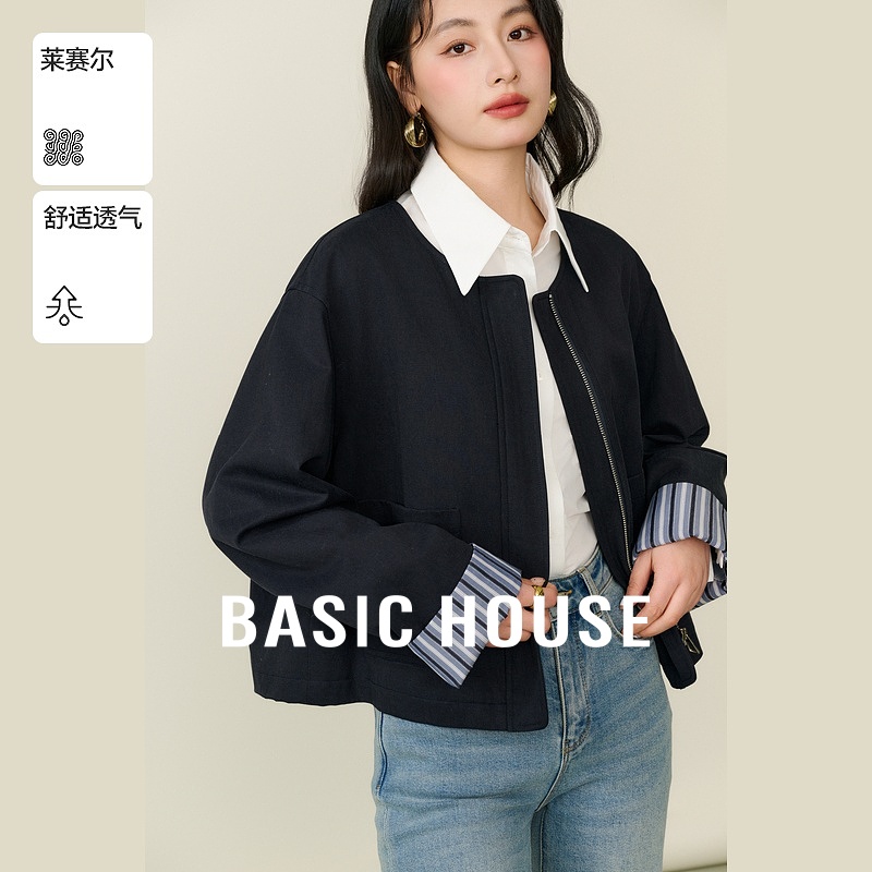 Basic House/百家好撞色条纹短款外套2025秋季莱赛尔圆领夹克上衣