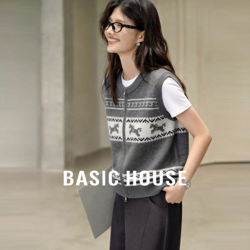 Basic House/百家好小马提花拉链针织马甲女2026春季叠穿毛衣背心