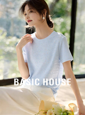 Basic House/百家好纯色圆领短袖套头针织衫2026春夏新款蓝色上衣