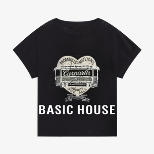 Basic House/百家好潮流印花设计夏季新款短袖圆领套头百搭针织衫