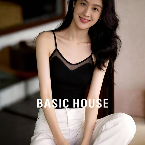 Basic House/百家好黑色V领吊带春季新款网纱内搭带胸垫背心上衣