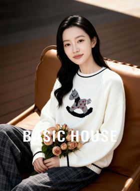 Basic House/百家好卡通小马提花毛衣女秋休闲宽松圆领套头上衣