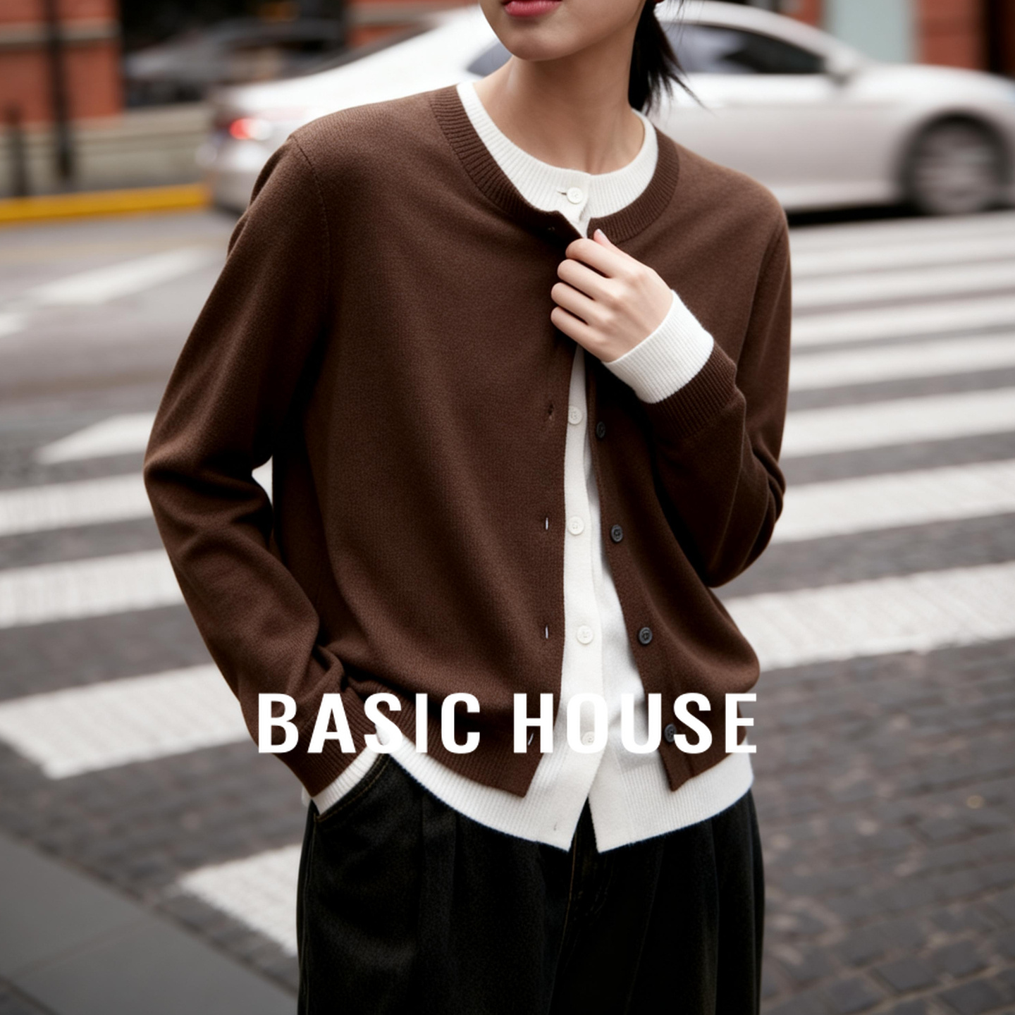 百家好假两件开衫撞色领边双层次设计宽松软糯通勤休闲保暖毛衣