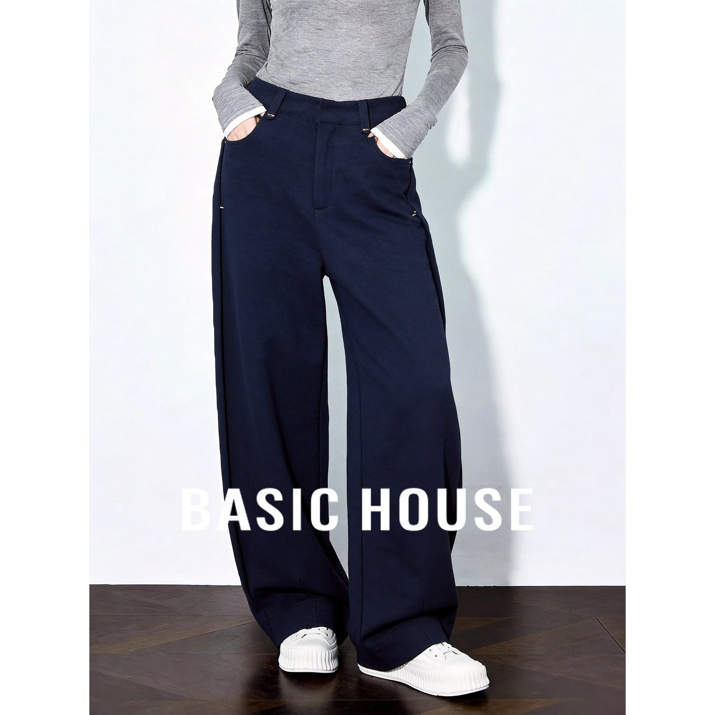 Basic House/百家好高腰阔腿镰刀裤女夏季垂感通勤百搭休闲西装裤