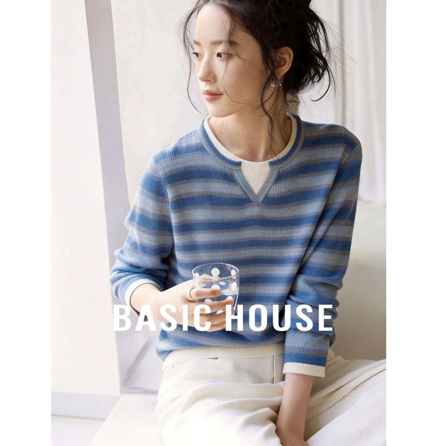 Basic House/百家好韩系温柔风假两件针织衫女显瘦航海系条纹上衣