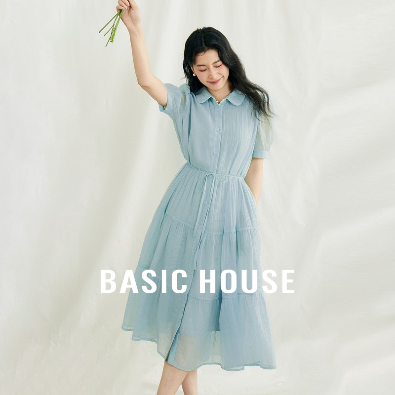 Basic House/百家好系带莱赛尔连衣裙短袖A字中长款裙2025夏新款