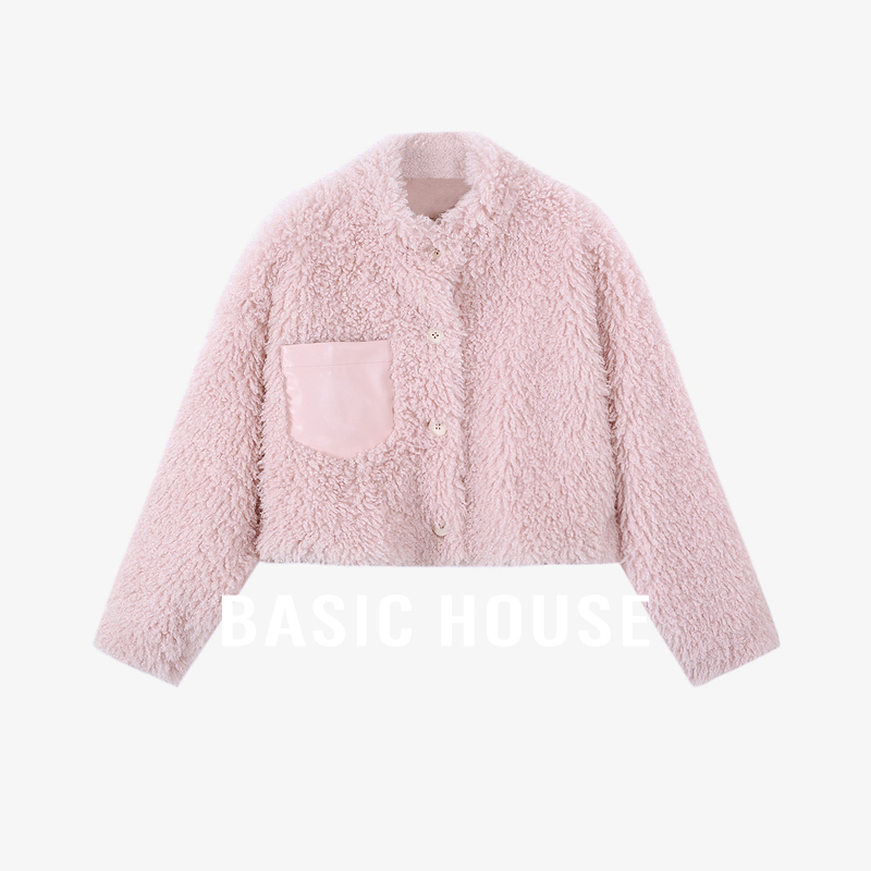 Basic House/百家好设计感立领毛毛外套女2025秋冬保暖上衣